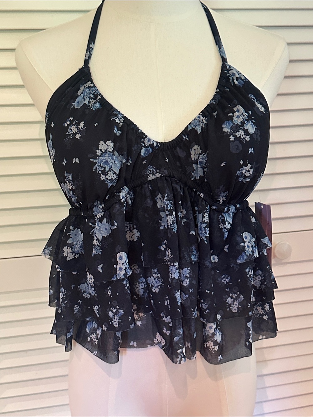 wild fable Black Halter Ruffle Camisole with Blue Floral